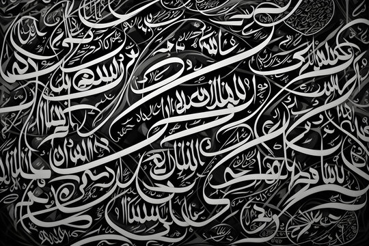 Arabic calligraphy wallpaper on a white wall with a black interlocking background subtitles "interlacing Arabic letters" Generative AI