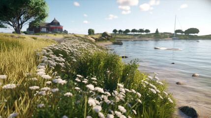 A beautiful sea front riverside view of the grass photography AI Generated Image - obrazy, fototapety, plakaty