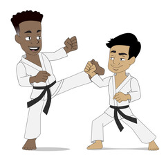 African American boy and Asian boy selfdefense karate 