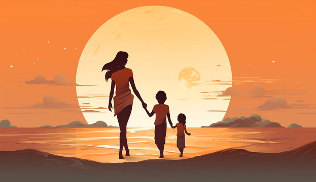 Mother and her two children walk hand in hand on a beach at sunset on Mother's Day.