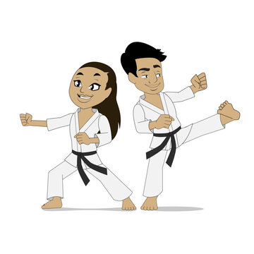 Asian boy and girl training in karate uniform 