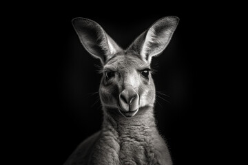 Black and white photorealistic studio portrait of a Kangaroo on black background. Generative AI illustration