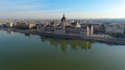 Naklejka na ściany i meble Aerial view of Hungarian Parliament Building in Budapest. Hungary Capital Cityscape at daytime. Tourism and European Political Landmark Destination