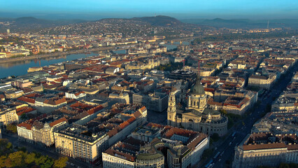 Fototapeta na wymiar Aerial view of Budapest city skyline and St Stephens Basilica at sunrise, Hungary