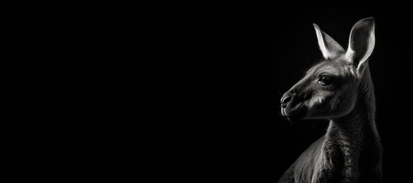 Black and white photorealistic studio portrait of a Kangaroo on black background. Generative AI illustration