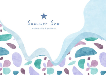 夏の海の水彩背景フレーム 抽象的な貝殻やサンゴ礁のパターンと波模様