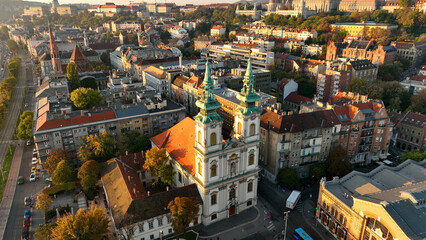Aerial view of Budapest city skyline, Saint Anne Parish of Upper Watertown (Felsovizivarosi Szent...