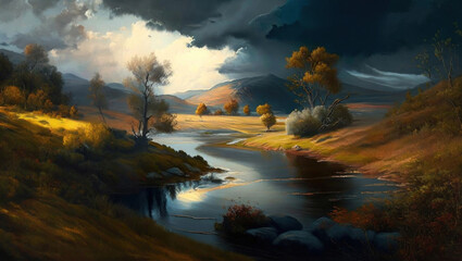 Illustration of an autumn landscape, oil painting, dramatic sky over a river in a mountain valley, created using generative AI tools