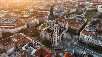 Fototapeta premium Aerial view of Budapest city skyline and St Stephens Basilica at sunrise, Hungary