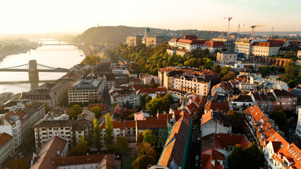 Obraz premium Aerial skyline view of Budapest with Buda Castle Royal Palace and River Danube at sunrise, Hungary