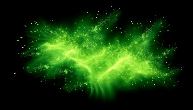 Green sparks isolated on a black background. High quality. Generative AI
