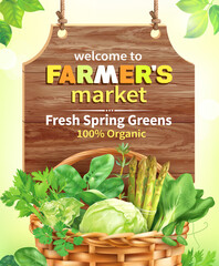 Advertising banner for farmers market with fresh spring greens and signboard. Vector illustration.