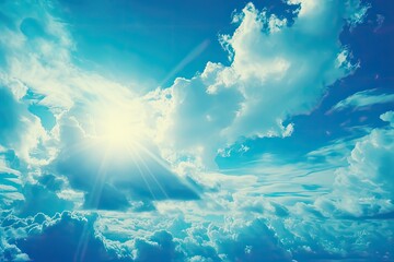 Fototapeta na wymiar sun rays shining through white fluffy clouds in the blue sky Generative AI