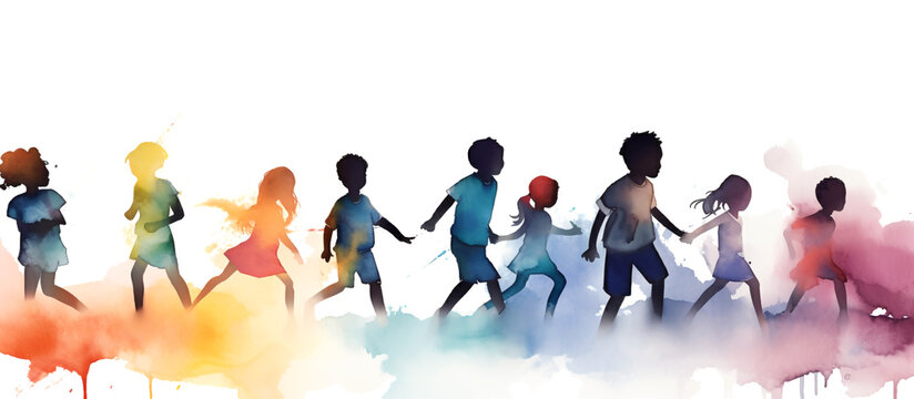 Silhouettes of happy children. World children's day. Watercolor illustration, banner. Generative AI
