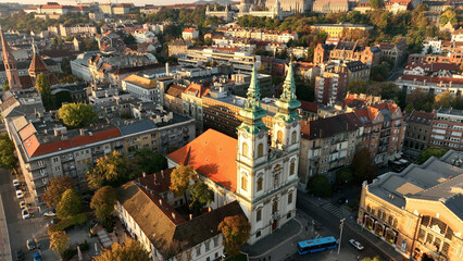 Aerial view of Budapest city skyline, Saint Anne Parish of Upper Watertown (Felsovizivarosi Szent...
