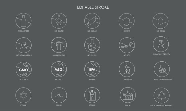 Healthy food and no allergen ingredient icons pack. Vector stock illustration isolated on black background for packaging design stickers - GMO, BPA, MSG, heavy metal, pesticides, filler free. 