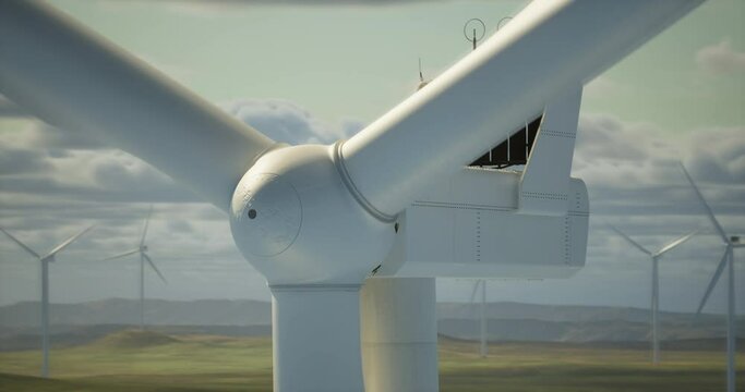 AERIAL Drone shot of wind turbines producing electricity on a land wind farm