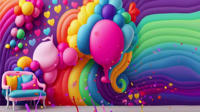 birthday party full with balloons with rainbow colors , use it as a background or greeting card or setup room