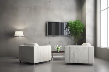 modern living room with white chairs and a flat screen TV Generative AI