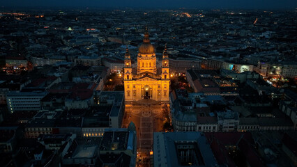 Aerial view of Budapest city and St. Stephen's Basilica at night, Hungary