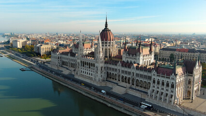 Fototapeta na wymiar Aerial view of Hungarian Parliament Building in Budapest. Hungary Capital Cityscape at daytime. Tourism and European Political Landmark Destination