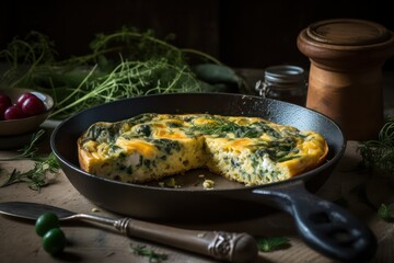 omelette with spinach and herbs in a cast iron skillet on a wooden table. Generative AI