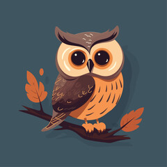 vector illustration of a cute owl standing on a branch with fall leaves