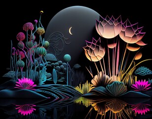 Lotus flower in pond with neon wireframe terrain effect on black background. There is a big moon. Generative AI