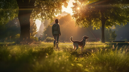 walking the dog - Dog and trainer mean owner are walking in the park in the evening light