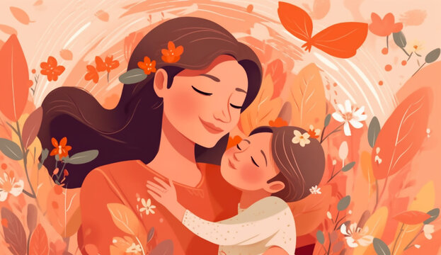 Happy Mother's Day Banner illustration of mom kissing her daughter. Giving a hug on happy mother's day in the style of colorful animation stills.