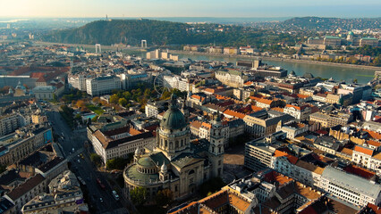 Aerial view of Budapest city skyline and St Stephens Basilica at sunrise, Hungary