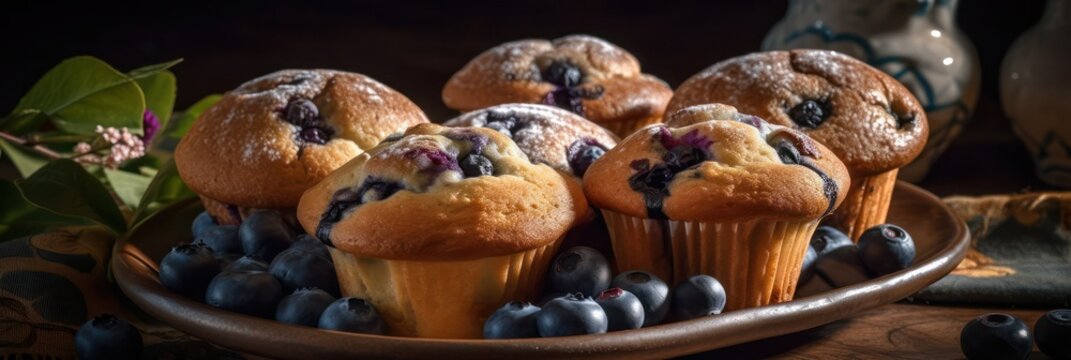 blueberry muffin with berries on a board on a dark background .homemade cakes. Generative AI