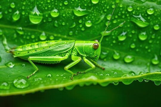 grasshopper perched on a green leaf in exquisite detail and close-up Generative AI
