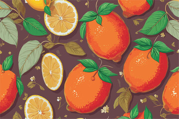 A vector pattern of citrus fruits (lemons), green leaves, and small white flowers on a lilac background.