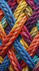 A pattern of multicoloured ropes and twines twisted. AI generative