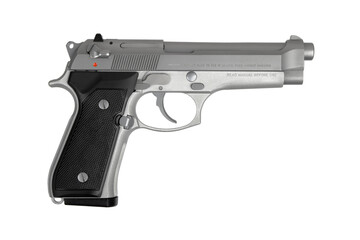 Modern semi-automatic silver pistol. Armament for the army and police. Short-barreled weapon. Isolate on a white back.