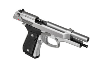 Modern semi-automatic silver pistol. Armament for the army and police. Short-barreled weapon. Isolate on a white back.