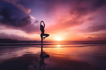 Healthy Yoga Practice at Sunset: Silhouette of Woman Practicing Yoga on Serene Beach with Beautiful Sunset Background, Wellness and Mindfulness, Mental Health