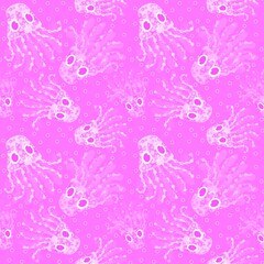 Fototapeta na wymiar Cartoon ocean animals seamless jellyfish pattern for fabrics and wrapping paper and linens and kids clothes print
