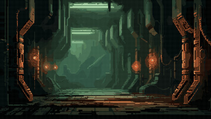 pixel art game level background, 8 bit, dungeon, underground arcade video game, catacomb, dark scene, alien ship interior, vector illustration © hiten666