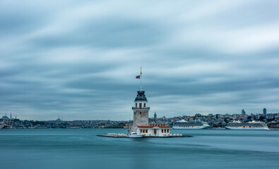 Fototapeta na wymiar Maiden's Tower in Istanbul, Turkey. (KIZ KULESI). Maiden’s Tower got a new look. Istanbul’s Pearl “Maiden’s Tower” reopened after newly restored.
