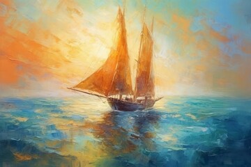 Fototapeta na wymiar impressionistic expressionist style painting, sailing ship in the ocean