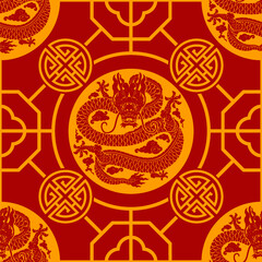 Seamless pattern happy chinese new year 2024 the dragon zodiac sign with asian elements paper cut style on color background. ( Translation : happy new year 2024 year of the dragon )