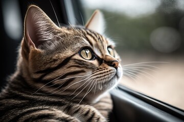 curious cat peering out of a car window on a sunny day Generative AI
