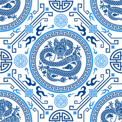 Seamless pattern happy chinese new year 2024 the dragon zodiac sign with asian elements paper cut style on color background. ( Translation : happy new year 2024 year of the dragon )