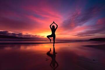 Healthy Yoga Practice at Sunset: Silhouette of Woman Practicing Yoga on Serene Beach with Beautiful Sunset Background, Wellness and Mindfulness, Mental Health