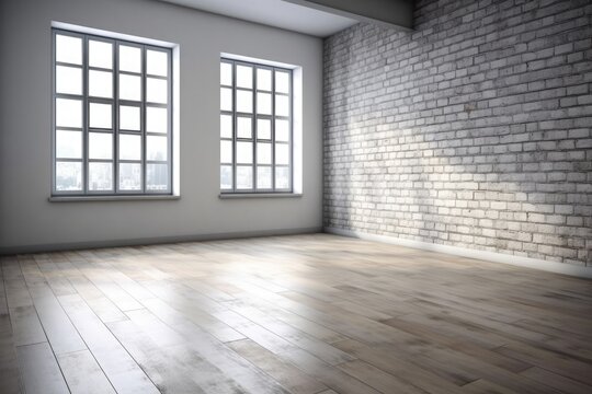 an empty room with a rustic brick wall and two large windows Generative AI