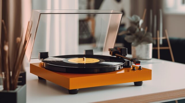 Stylish turntable with vinyl record on table. Generative AI