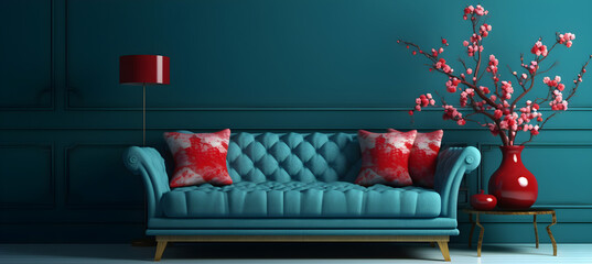 modern living room with dark blue background interior design 3d rendering