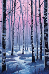 Birch trees in winter fine art print in the style. AI generative